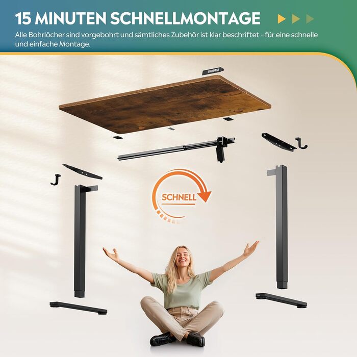 Регульований за висотою стіл Devaise з тихим мотором та функцією пам'яті, стіл для сидіння та стояння, регулювання висоти 72–118 см, ергономічний комп'ютерний стіл для офісу, білий (120x60 см, коричневий)