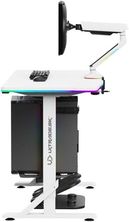 Комп'ютерний стіл ULTRADESK Iron з RGB підсвічуванням: механічний регульований стіл для геймінгу (білий)