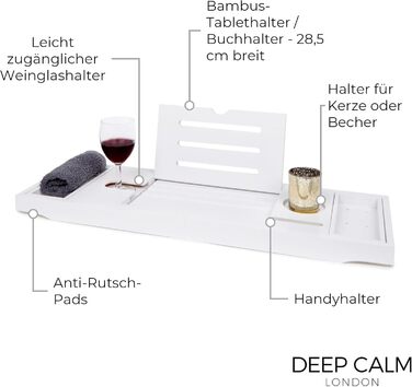 Підставка для ванни Deep Calm з бамбука - регульована, антиковзка, для книг, iPad, телефону, склянки, свічки (біла)
