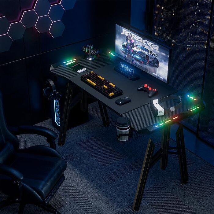 LED ігровий стіл FIVMEN 120x60 см з підсвіткою, тримачем для напоїв та гачком для навушників. Стіл для комп'ютера, геймінговий стіл з карбоновим покриттям, M-Frame 120 см
