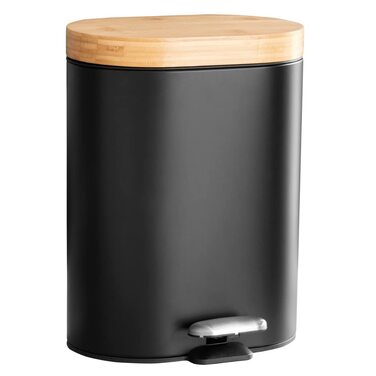 Косметичне відро Sollys об'ємом 3 л з бамбуковою кришкою, педальне відро з автоматичним опусканням для ванної кімнати (чорне, 6 літрів)