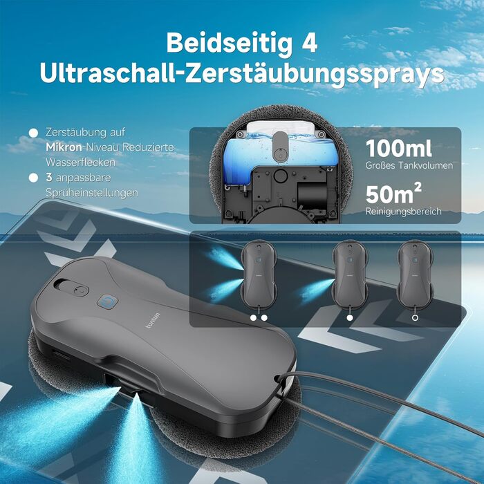 Робот-прибиральник вікон Tuntun W12pro: 5300Pa, 4-Wege система, інтелектуальна навігація, бокс для зберігання, для гладких поверхонь