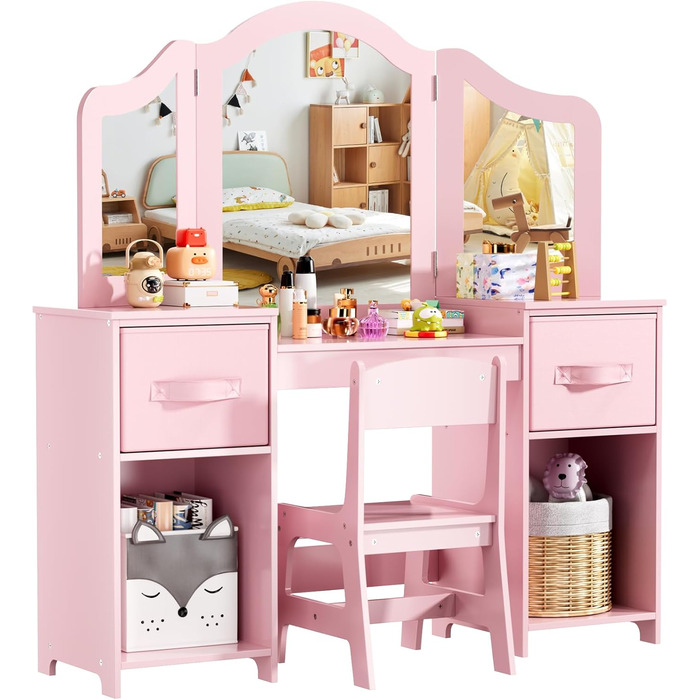 Дитячий туалетний столик MAMIZO 2 в 1 з дзеркалом та стільчиком, рожевий, з 2 висувними ящиками
