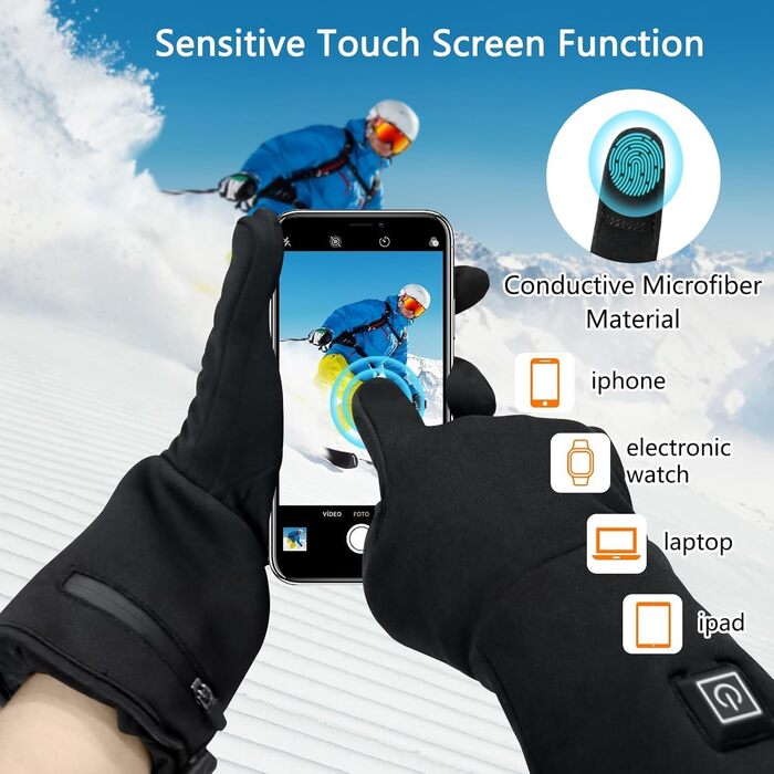 Електричні гріючі рукавички для жінок та чоловіків, USB, 3 режими нагріву, сенсорний екран, водонепроникні, чорні (XL/XXL)