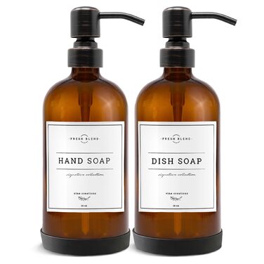 Набір дозаторів для мила 2 шт. з нержавіючою помпою, набір для кухні та ванної кімнати, скляні дозатори 475 мл, вологостійкі етикетки, колір: бронзовий