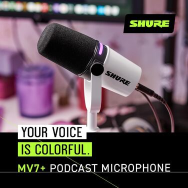 Мікрофон Shure MV7+ для подкастингу, покращений звук, LED-тачпанель, USB-C/XLR, авто-рівень, цифровий поп-фільтр, ефекти реверберації, для запису, стрімінгу, білий