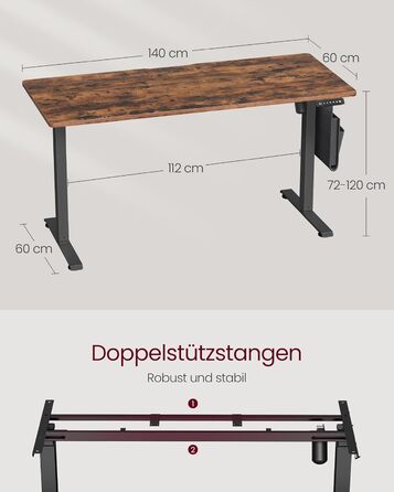 Електричний регульований стіл VASAGLE, 60 x 140 см, висота 72-120 см, 4 пам'яті, vintage brown, LSD174X01
