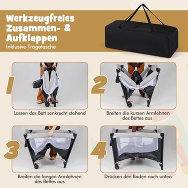 Дитяче ліжко-манеж DREAMADE 5 в 1 з матрацом, колесами та пеленальним столиком, з музичною іграшкою, 110x76 см, для новонароджених, з сумкою (зелений/сірий)