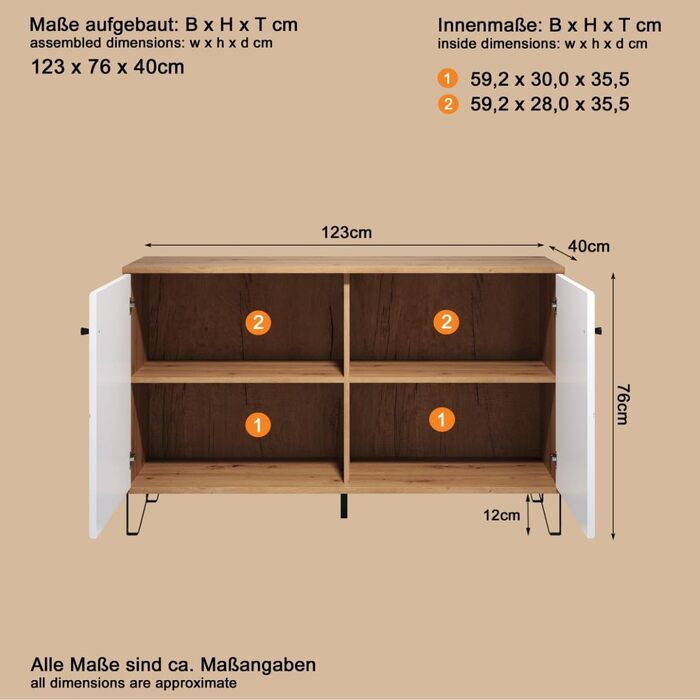 Тумба Trendteam Smart Living Touch Artisan Eiche/Weiß з 2 дверцятами та 4 відділеннями (123 x 76 x 40 см) - житловий шафчик з металевими ніжками