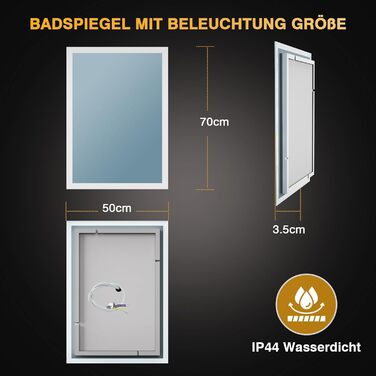 Дзеркало для ванної кімнати з підсвічуванням LED, антизапар, 2 колірні температури (3000K/6500K), вимикач-рейка, прямокутна форма, 45 x 60 см