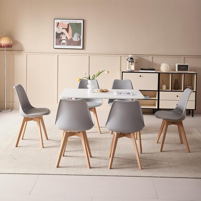 Обідня група GrandCA HOME з 6 стільців: стіл та 6 стільців для вітальні, кухні, офісу (білий стіл, бежеві стільці)