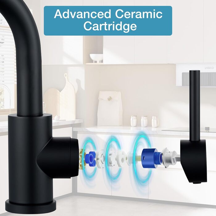 Змішувач для ванної кімнати/кухні 360° з нержавіючої сталі, одноlever, висота виливу 150 мм, чорний матовий, з щіткою Нікель