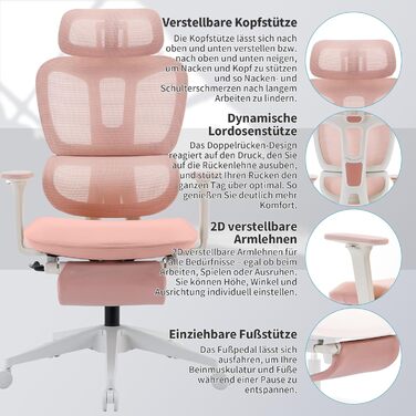 Ергономічне крісло для офісу з підніжкою, висока спинка, 2D-підголівник, відкидні підлокітники, сидіння з губки, сітчастий крісло для офісу, крісло для начальника, комп'ютерне крісло для дорослих (рожеве)