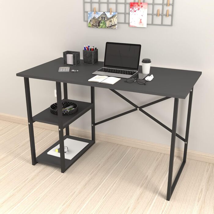 Письмовий стіл Nittedal з полицею Комп'ютерний стіл з ефектом дуба Антикварний стіл для ПК Офісний стіл з 2 полицями Прямокутний металевий каркас (антрацит)