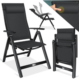 Садове крісло KESSER з високою спинкою з підлокітниками Алюмінієвий складаний стілець з подушкою Кемпінгове крісло з регульованою спинкою в 7 напрямках Дихаючий і стійкий до погодних умов Складний і протиковзкий чорний чорний