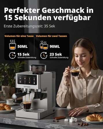 Еспресо-машина Siebträger з прозорою колбою, 20 Bar, автоматичний спінювач молока, для капучино та лате, Dual Boiler (1350W & 1000W), 15s екстракція, нержавіюча сталь, бак 1.8L, сенсорний дисплей, автоматичний спінювач молока (з млинком)