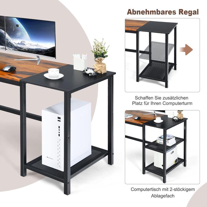 Комп'ютерний стіл COSTWAY 150 см, стіл зі знімними відділеннями для зберігання, промисловий стіл для ноутбука зі сталевою рамою з гачком для навушників, стіл для ПК для домашнього офісу (коричневий)