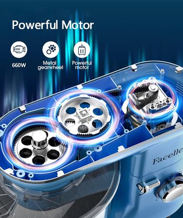 Кухонна машина Facelle 1500W з нержавіючою чашею 6.2L, 6 швидкостей, комплект насадок (блакитна)