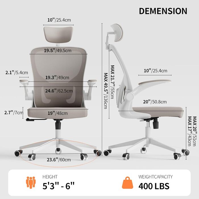 Офісний стіл Monhey: ергономічний крісло з регулюванням висоти, поворотне, з відкидними підлокітниками, дихаюча сітка, регульована підголовник та інтелектуальна підтримка попереку – для дому та офісу (01beige)