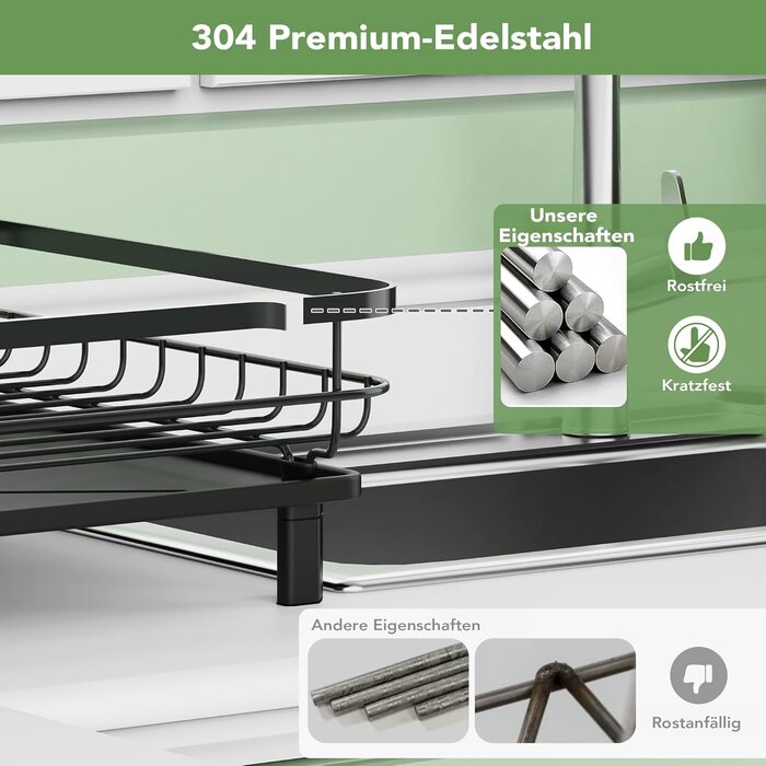 Сушарка для посуду ROTTOGOON розширювана, нержавіюча сталь, з висувним носиком та відділенням для столових приладів, чорна (1-рівнева)