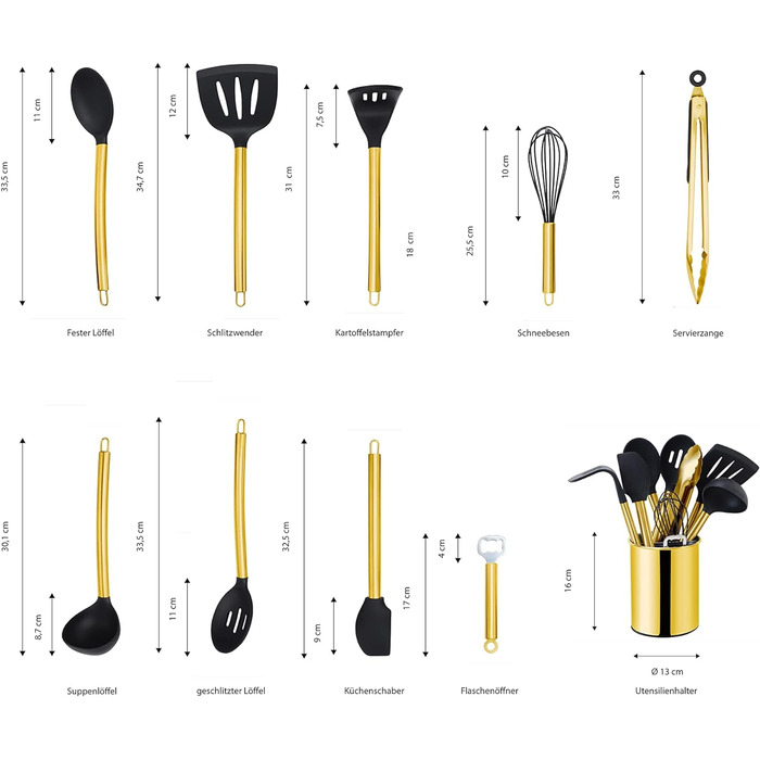 Набір кухонного приладдя ECHTWERK, ручка з нержавіючої сталі, тримач для посуду, антипригарний силіконовий посуд, EW-KS-1201K (золото, 10 предметів)