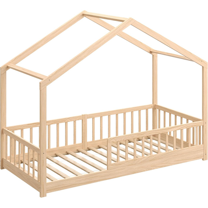 CADANI Мальте - ліжко-будиночок для дітей 120x200 см, біле, Montessori з бортиками, трансформується, з ламелями, до 200 кг, білий (90 x 200 см, натуральний)