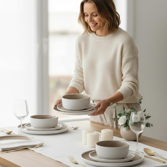 Набір посуду Hausfelder на 8 осіб (32 елементи) з каменю – сервіз для обіднього столу з тарілками, салатниками та чашками – миється в посудомийній машині, сучасний посуд, бежевий (Shadow Stone, 48 елементів)