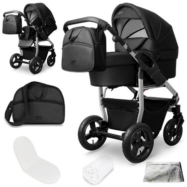 Дитяча коляска 3-в-1 Bergsteiger Capri – люлька, автокрісло i-Size, прогулянкове сидіння, повітряні колеса, амортизація, регульована ручка, складна, з аксесуарами (чорний/срібний)
