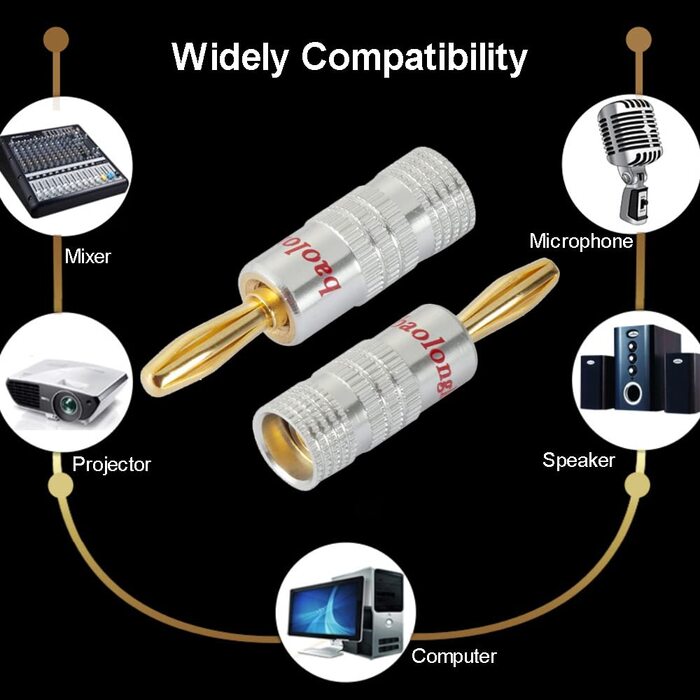 Баолонкінг позолочені 4 мм штекери-банани для колонок і підсилювачів, червоний/чорний (8 пар)