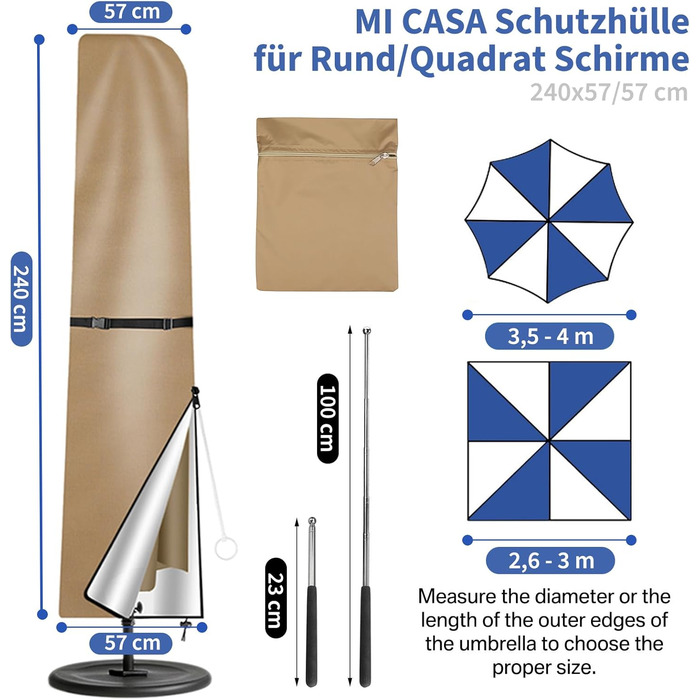 Чохол для парасольки/маркетки 240x57/57см, захисний чохол від сонця, UV захист, для парасольки до 400см Ø, коричневий/хакі