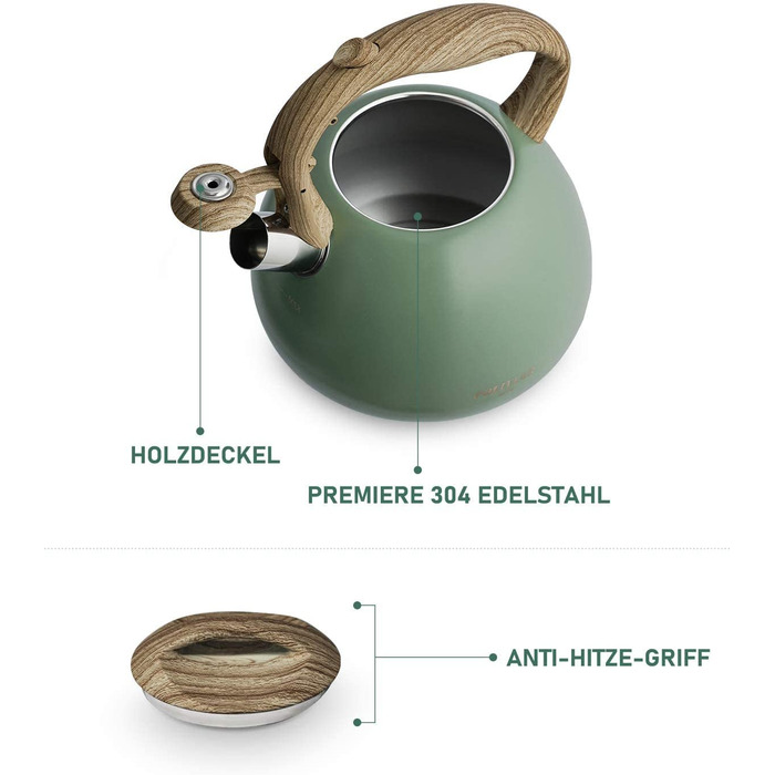 Сучасний індукційний чайник Poliviar зі свистком з нержавіючої сталі для всіх конфорок, флейтовий