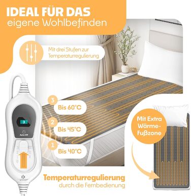 Електрична підігріваюча ковдра KESSER® з двома зонами нагріву та автовимкнення | 3 температурні режими | Підігріваюча підстилка для ліжка | М'яка флісова ковдра білого кольору (160 x 140 см)