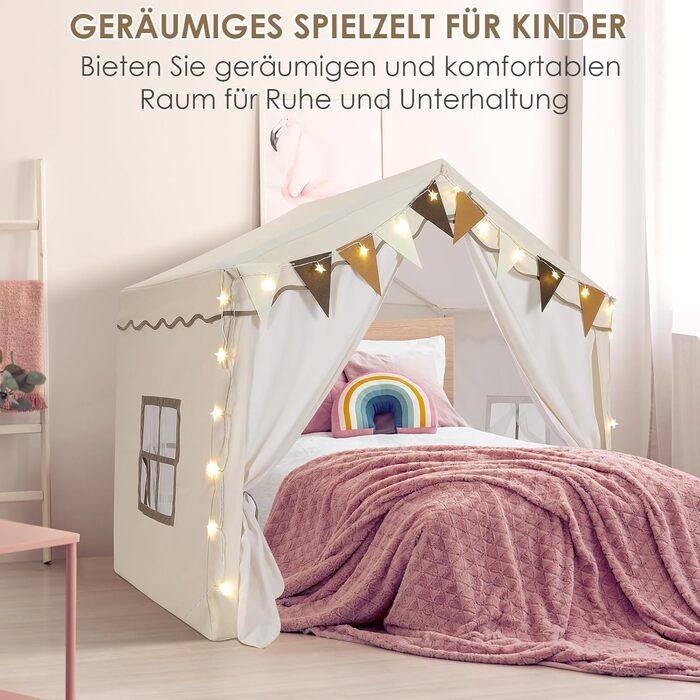 Дитячий намет MAMIZO для гри в приміщенні з килимком, прапорцями та світлом, 136x95x133 см. Ідеальний намет-ігровий будиночок для дітей, підходить для хлопчиків та дівчаток, кремового кольору.