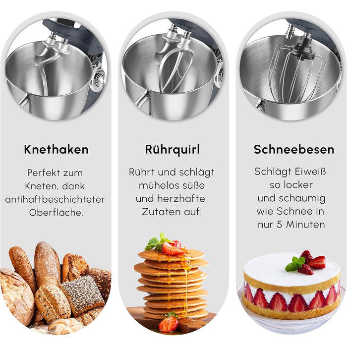 Кухонна машина Karaca Blendburst 1400W з 6 швидкостями, 5.7л чаша з нержавіючої сталі, подвійний гак для тіста, міксер, насадки для збивання та замішування, сірий колір