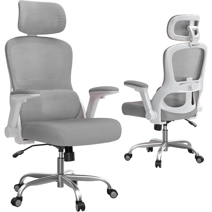 Офісне крісло TRALT Ergonomic - ігрове крісло з регульованою підголівником та поперековою підтримкою. Крісло для дому та офісу, комп'ютерне крісло для великих людей, сітчасте крісло, вантажопідйомність 150 кг (Сірий)