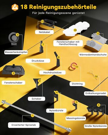 Пароочисник Gautye 3-рівневий регульований руків'я, нагрів за 10 секунд, бак 2L, 18 насадок, для кухні, ванної, підлоги, авто, вікон, чорний