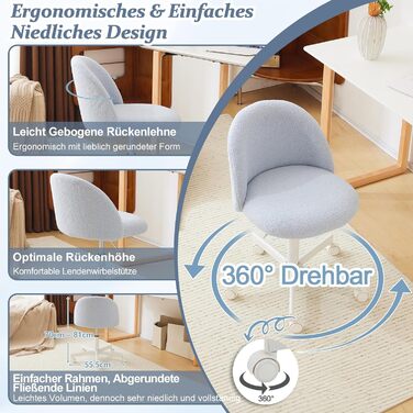 Офісне крісло Bonnlo з роликами, крісло для туалетного столика, регульоване по висоті, для робочого кабінету, спальні, home office, з м'якої тканини Teddy, біле (світло-блакитне)