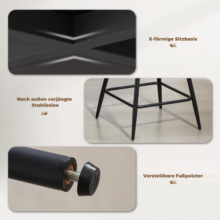 Набір з 2 барних стільців з велюровою оббивкою та сталевими ніжками, м'які стільці для кухонного острова, їдальні, кремовий колір