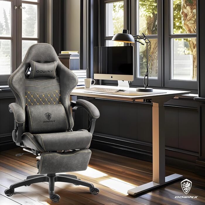 Ігрове крісло Dowinx з підніжкою, масажером попереку та офісним комфортом, до 200 кг, регулювання спинки 165°, сірий