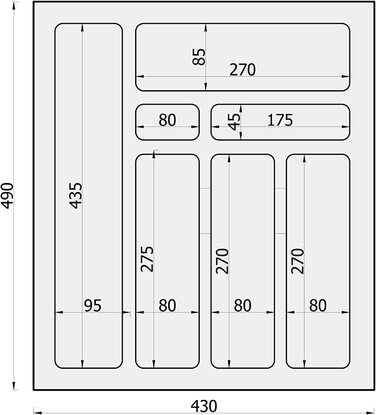 Вставка для столових приладів sossai Divio для висувних ящиків 45 см / ширина 38 см x Глибина 43 см обрізна з 5 відділеннями / Колір Білий / Система розташування ящиків для столових приладів (43 x 49 см-7 відділень)