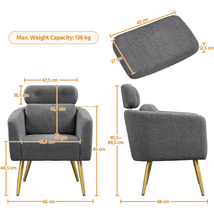 Крісло Yaheetech з тканини букле, крісло-релакс з регульованою спинкою та металевими ніжками, біле (темно-сіре)