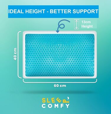 Ортопедична подушка для сну Comfy Premium Gel Memory Foam з гелевим охолодженням, 60x40x14/12 см. Підтримка шиї, для тих, хто спить на боці та на спині.