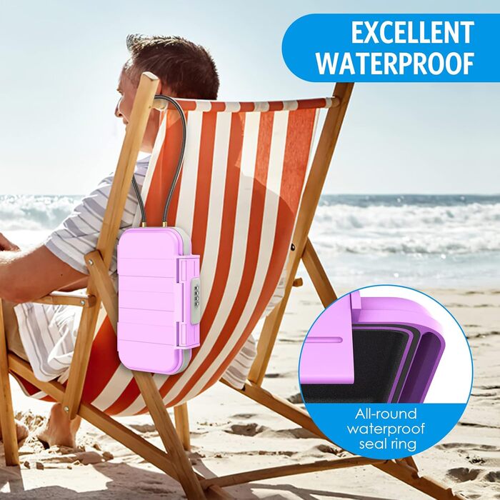 Сейф для зберігання Brifit, Strandsafe з кодовим замком, водонепроникний бокс з 6.3 мм сталевим тросом, для подорожей, пляжу, авто, дому та офісу (23,5x13,5x5,8 см), глянцевий чорний (23.5 x 13.5 x 5.8 см, рожевий)