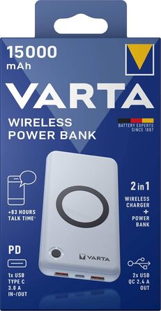 Бездротовий зарядний пристрій VARTA 2in1, 15000 мАг, LED-дисплей, заряджає 4 пристрої, в т.ч. кабель USB-C, білий