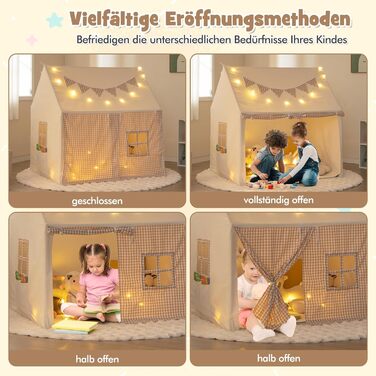 Дитячий намет GOPLUS з м'яким килимком, зірками та китицями, ігровий будиночок для дому та вулиці з вікнами, дверима та кишенями, для дітей від 3 років (Бежевий)