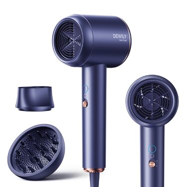 Іонний фен для волосся DEWILY 1800W з дифузором для кучерявого волосся, 3 температурні режими, 2 швидкості, компактний дорожній фен (блакитний)