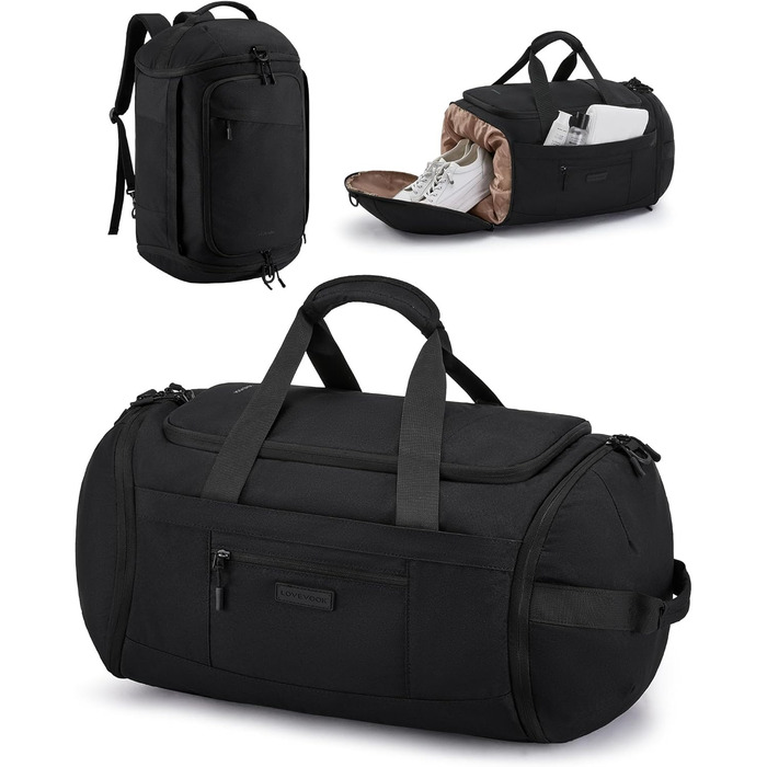 Спортивна сумка LOVEVOOK для жінок та чоловіків, велика сумка для тренувань та подорожей, 45L, з відділенням для взуття та мокрих речей, водонепроникна, з функцією рюкзака, чорна (51x28x32 см)