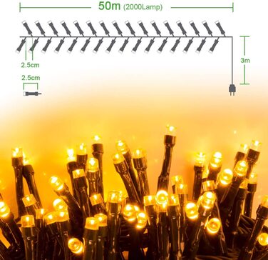Гірлянда для зовнішнього освітлення теплого білого кольору, різдвяні гірлянди для внутрішнього освітлення з електроживленням, гірлянда IP44 для зовнішнього освітлення, 8 режимів, 2000