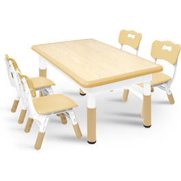 Дитячий стіл з 4 стільцями AufuN, регульована висота, набір для дитячої кімнати, садка, класів, легко миється, пластикові меблі, коричневий