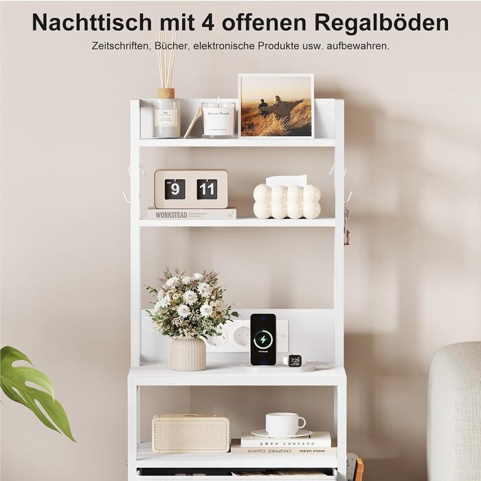 Нічний столик з підзарядкою та LED, бічний столик з 3 висувними ящиками з тканини, тумбочка з полицею для книг, відкрите відділення, 2 розетки AC, USB та Type C порти, для спальні, вітальні, офісу (40x30x60 см, Білий, 1)